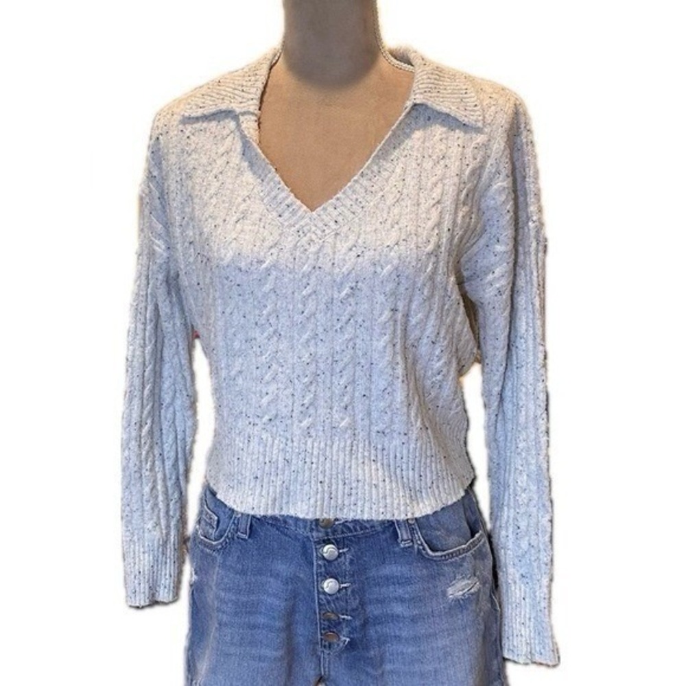 Gray & Blue Speckled V-Neck Cable Knit Sweater Sz S Indie Winter‎ Collegiate